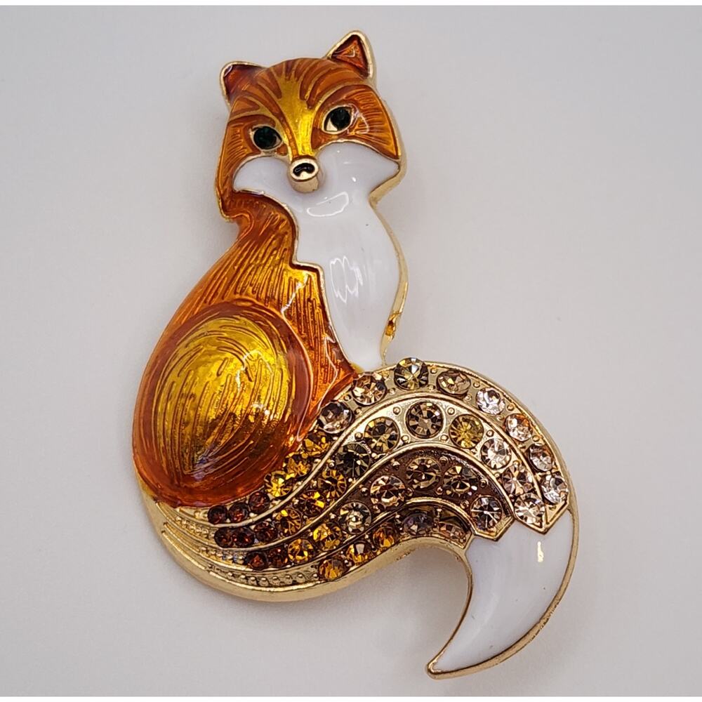 Brown Fox Brooch Rhinestone and Enamel Bushy Tail Realistic Animal